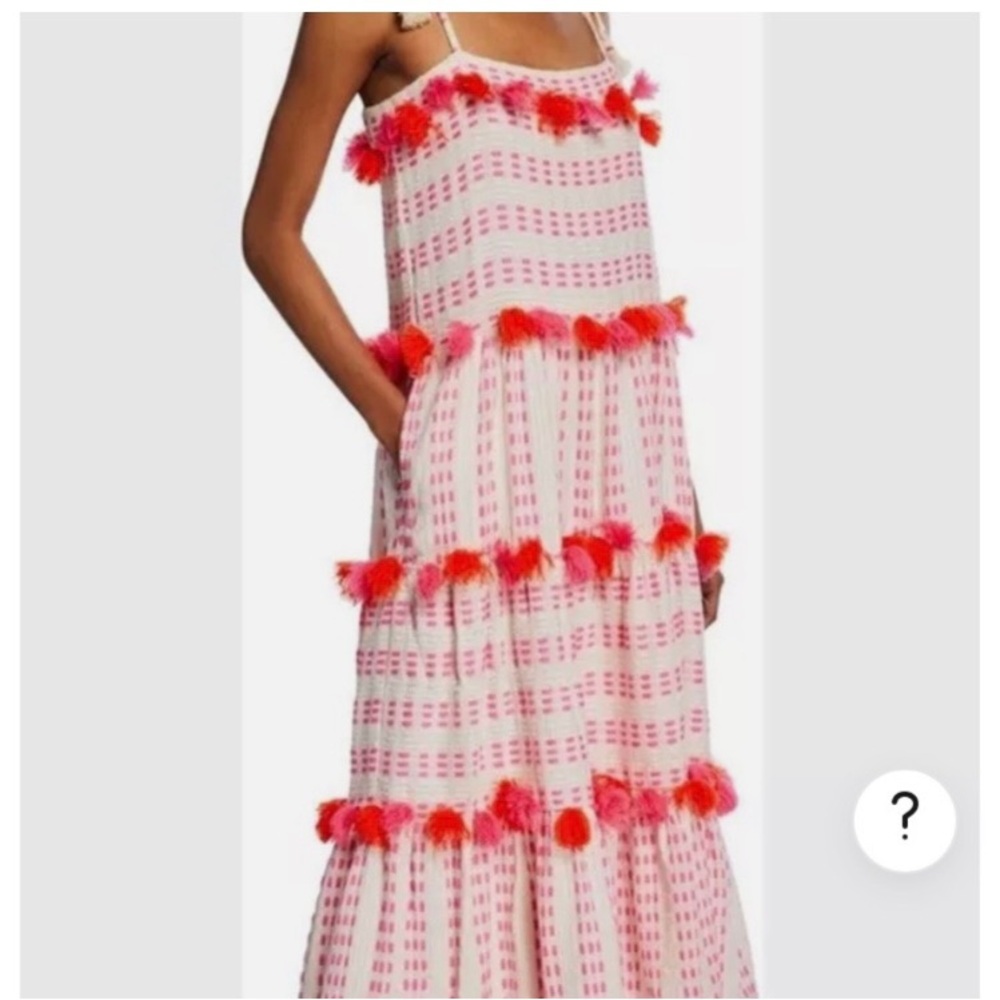 Anthropologie Pink Tiered Midi Dress with Red Pom Trim
